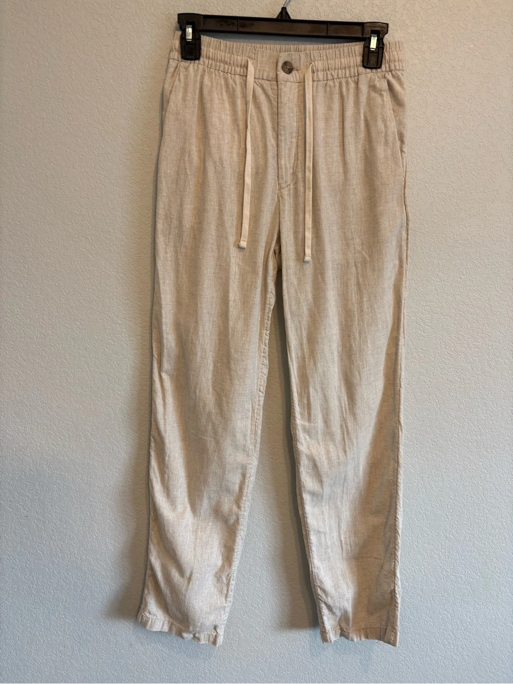 H&M Linen Blend Drawstring Pants XS Beige Oatmeal Pull On Tapered Casual